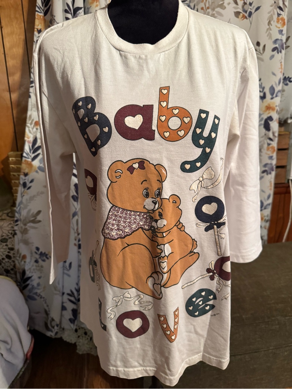 Maternity Baby Love Graphic Top Tee — Cream with Brown Bear & Blue Print VINTAGE